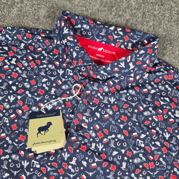 Horn Legend Other - Horn Legend Polo Shirt Mens M Navy Texas Print Bamboo Charcoal Luxury NWT